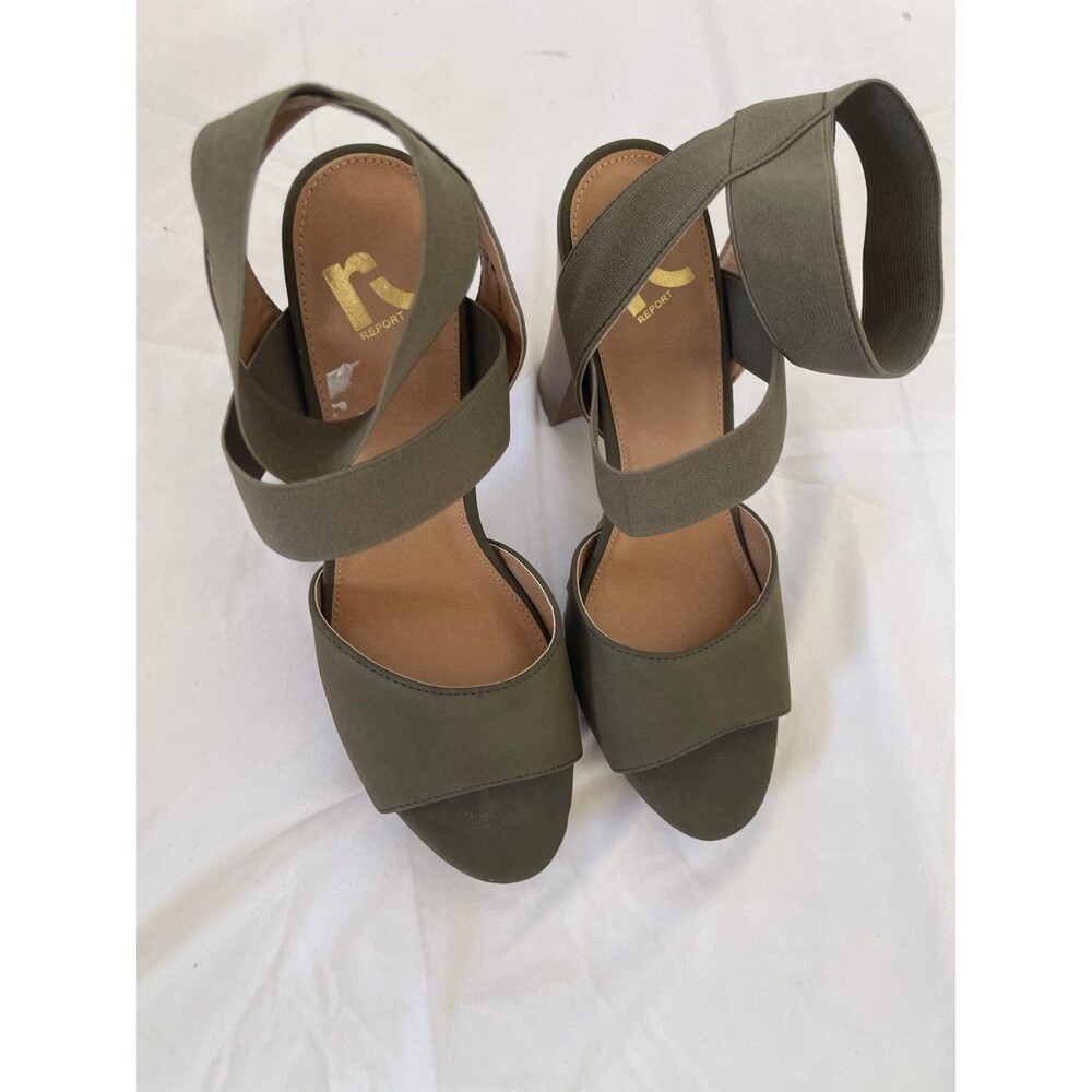REPORT Women'REPORT Women's Olive Green Elastic Strap Block Heels Sandals Size 8